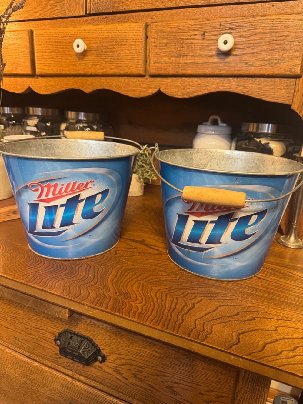 Galvanized Miller Lite Blue Metal Beverage Buckets - Set of 2 wood handled